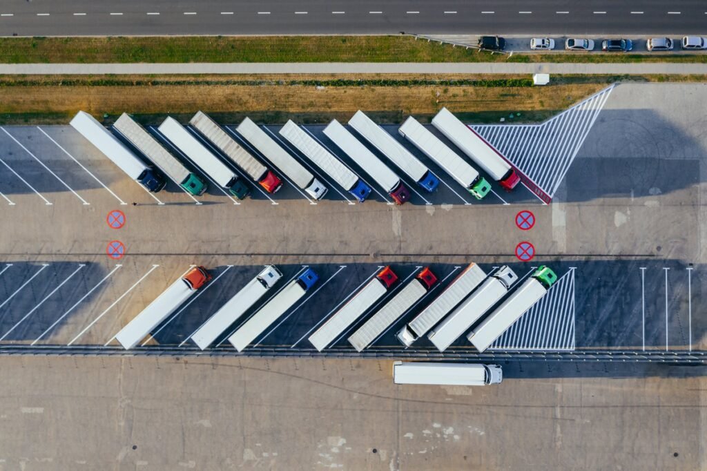 aerial photography of trucks parked
