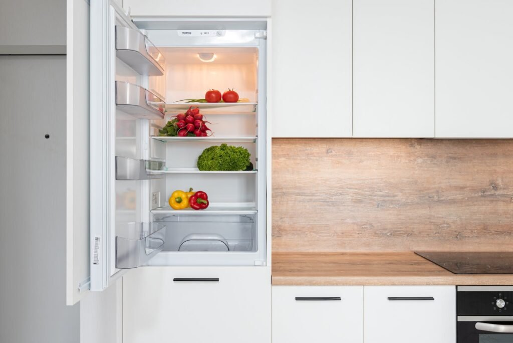fridge with different vegetable in modern kitchen