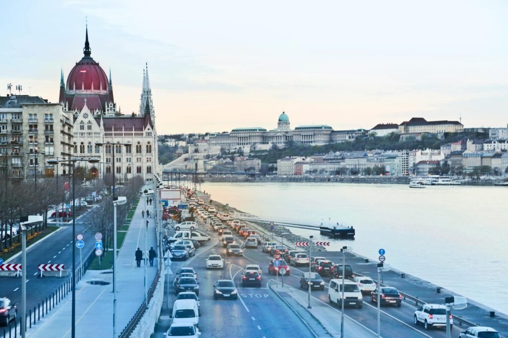 traffic jam along river bank