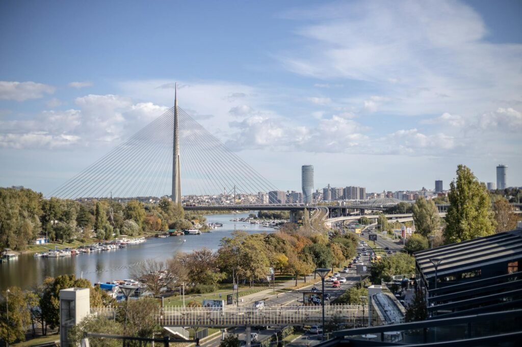 ada bridge and cityscape of belgrade