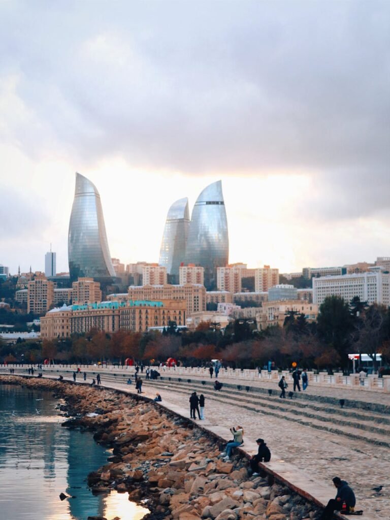 view of the flame towers from the baku boulevard baku azerbaijan