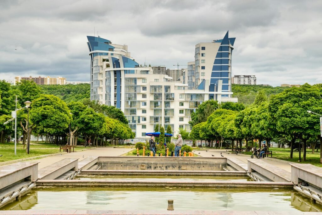 blue and white building