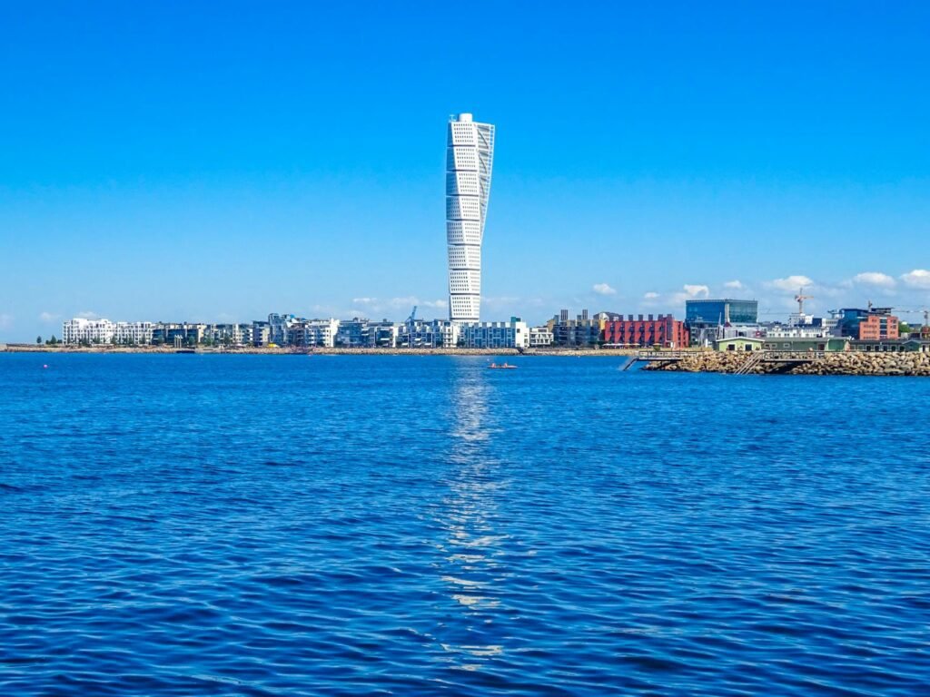 turning torso building in malmo sweden photographed from across the canal