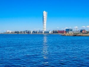 turning torso building in malmo sweden photographed from across the canal