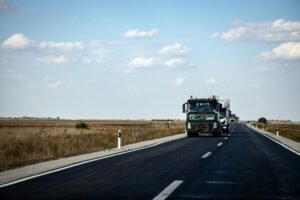 trucks on a country road