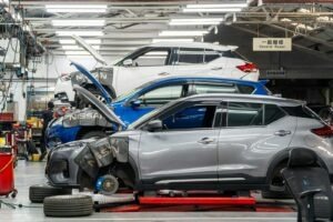 Cars being repaired in a workshop